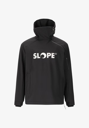 Black softshell jacket with high collar, white "SLOPE" logo, zippered chest pocket, and side pockets, featuring a smooth texture and sporty design.