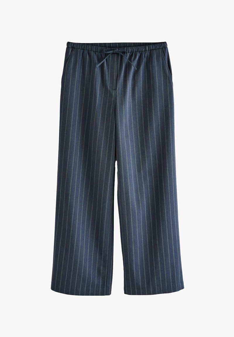 Pantalons à rayures marines à jambes larges avec une taille élastique et un cordon de serrage. Ils présentent deux poches latérales et de légères rayures vert clair sur un tissu sombre.