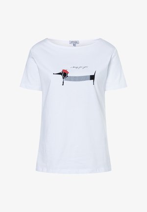 Wit katoenen T-shirt met een afbeelding van een zwart-witte teckel met een rode baret en een gestreept lichaam, vergezeld van de tekst "Ik verlang naar jou."