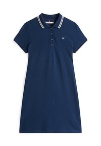 Laivaston polo-mekko, joka on valmistettu puuvillasta. Mekossa on ribatty kaulus valkoisilla raidoilla, lyhyet hihat ja napitus kolmella napilla.