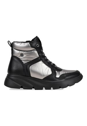 Black and silver high-top sneaker featuring a smooth leather and metallic textile upper, textured midsole, and lace-up front.