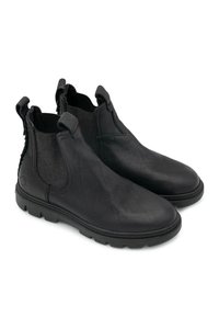 Stivali Chelsea in pelle nera con pannelli laterali elasticizzati, superficie testurizzata, linguette per facilitare l'estrazione e una robusta suola in gomma nera.