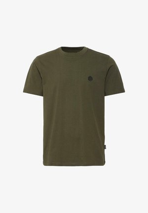 T-shirt in cotone verde oliva con collo girocollo, maniche corte e un piccolo logo ricamato nero sul petto. Tessuto liscio.