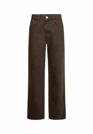 Straight-leg mørkebrune jeans i denim med forlommer, bæltestropper og knaplukning ved taljen.