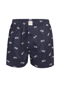 Boxer da uomo blu navy con stampa di aerei vintage bianchi, cintura elastica con patta a bottoni e etichetta del marchio.