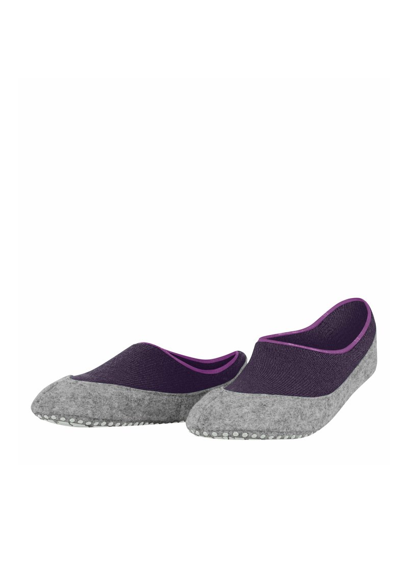 Pantofole grigie in feltro con parte superiore in tessuto viola testurizzato e rifiniture rosa. Punta arrotondata e suola gommata per una buona aderenza. Design leggero e flessibile.