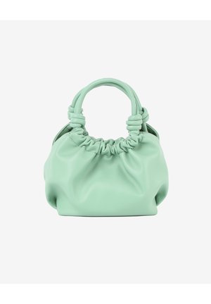 Sac à main en cuir vert menthe doux avec un haut froncé et deux poignées rondes doubles nouées sur un fond blanc.