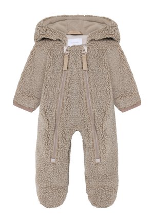Beige fleece baby snowsuit with attached hood, two front zippers, long sleeves, and covered feet.