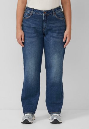 Jean en denim bleu avec une coupe droite, dotés d'une fermeture à bouton, d'un style à cinq poches et d'une légère décoloration sur les cuisses.
