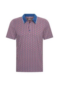 Polo de manga corta en rojo con un patrón geom�étrico. Cuenta con un cuello azul y una tapeta de tres botones. Tejido de mezcla de algodón.