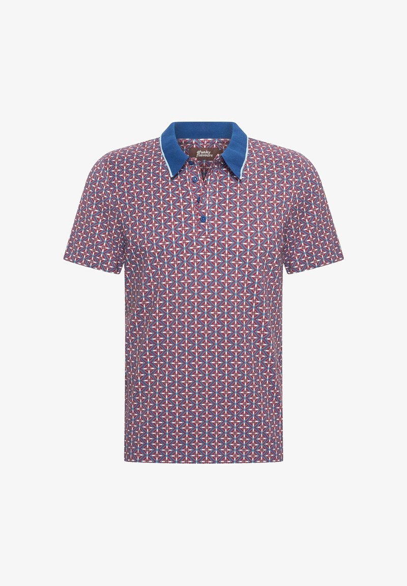 Krátký rukáv polo tričko v červené barvě s geometrickým vzorem. Má modrý límec a tři knoflíky. Materiál je směs bavlny.