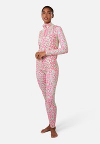 Lange mouw, aansluitend jumpsuit in lichtgroen met roze abstracte patronen. Hoge hals, rekbare stof en stijlvol ontwerp voor comfort.
