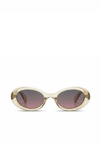 Zonnebril met een ovale vorm, doorschijnend beige montuur en een gradiënt van grijs naar paars in de glazen. Slanke pootjes met een subtiele logo-detail.