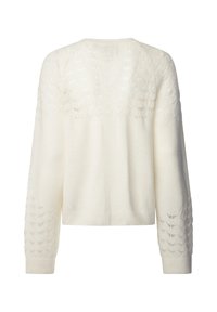 Pull en tricot de couleur crème avec un motif en dentelle sur les épaules et les manches, manches longues et ourlet court.