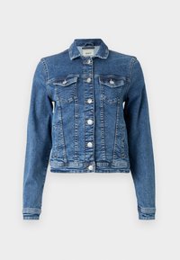 Blå denimjacka med knappstängning fram, två bröstfickor och långa ärmar. Har en klassisk krage och en något kortare design.