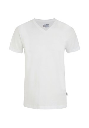 White short-sleeve V-neck T-shirt with Jockey brand label inside the collar and a small tag on the side seam.