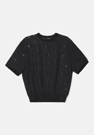 Maglione corto nero a maniche corte con tessuto testurizzato, caratterizzato da un orlo a coste e lettere in paillettes sparse su tutto il corpo.
