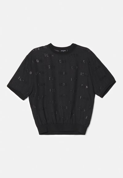 Black short-sleeve sweater with textured fabric, featuring a ribbed hem and scattered sequined letters throughout the body.