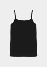 Black tank top with thin straps, made from a smooth, stretchy material. Features a rounded neckline and a form-fitting design.