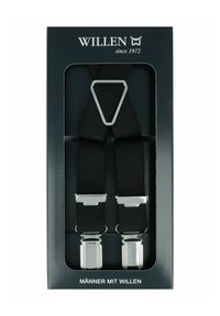 Schwarze Hosenträger mit silbernen Metallclips und dreieckigem Rückenteil, verpackt in einer dunklen Box mit weißer Schrift.