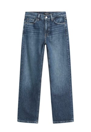 Dark blue denim jeans with a straight-leg design, five pockets, and a front button closure. Clean finish with minimal fading details.