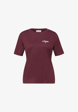 T-shirt bordeaux à manches courtes avec col rond et texte blanc "ciao" avec un petit cœur sur la poitrine gauche.