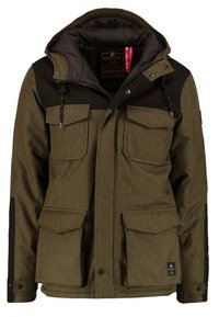 Kurtka oliwkowo-zielona z czarną górną częścią, wyposażona w kaptur, cztery przednie kieszenie oraz teksturowaną tkaninę. Regulowane mankiety i detale wentylacyjne.