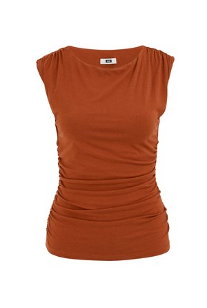 Roostevärvi varrukateta top, millel on õlgadel ja külgedel kogutud kangas, lai ümar kaelus ja keha järgnev lõige.