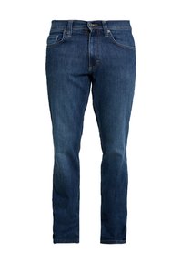Vaqueros de mezclilla azul oscuro con un diseño de pierna recta, que cuentan con un estilo clásico de cinco bolsillos y un cierre de cremallera con botón.