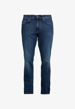 Jeans in denim blu scuro con design a gamba dritta, caratterizzati da uno stile classico a cinque tasche e una chiusura con zip e bottone.