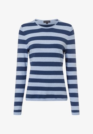 Gestreepte lange mouwen trui in lichtblauw en marineblauw, ronde halslijn, zachte brei-textuur, getailleerde silhoutte, contrasterend streep-patroon.
