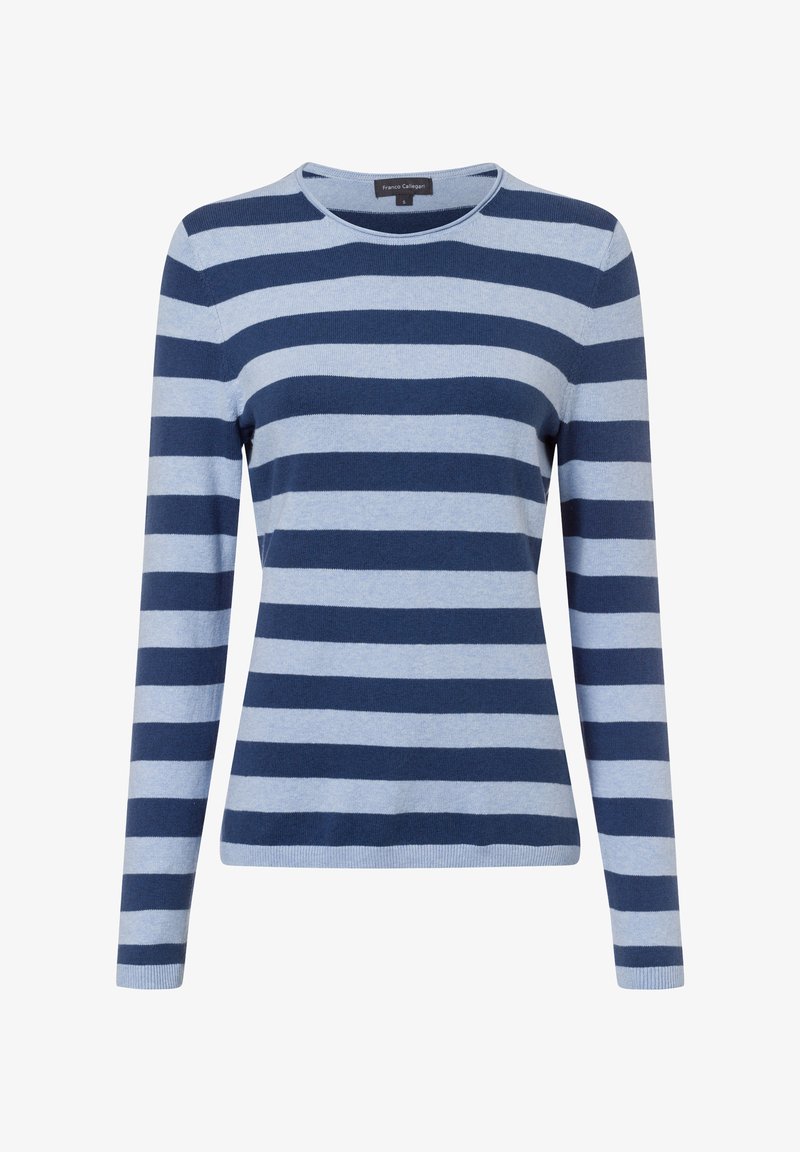 Gestreepte lange mouwen trui in lichtblauw en marineblauw, ronde halslijn, zachte brei-textuur, getailleerde silhoutte, contrasterend streep-patroon.