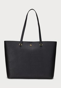 Borsa a tracolla nera realizzata in materiale sintetico testurizzato, con accessori in tono oro, doppie spalline e un logo impresso in modo discreto.