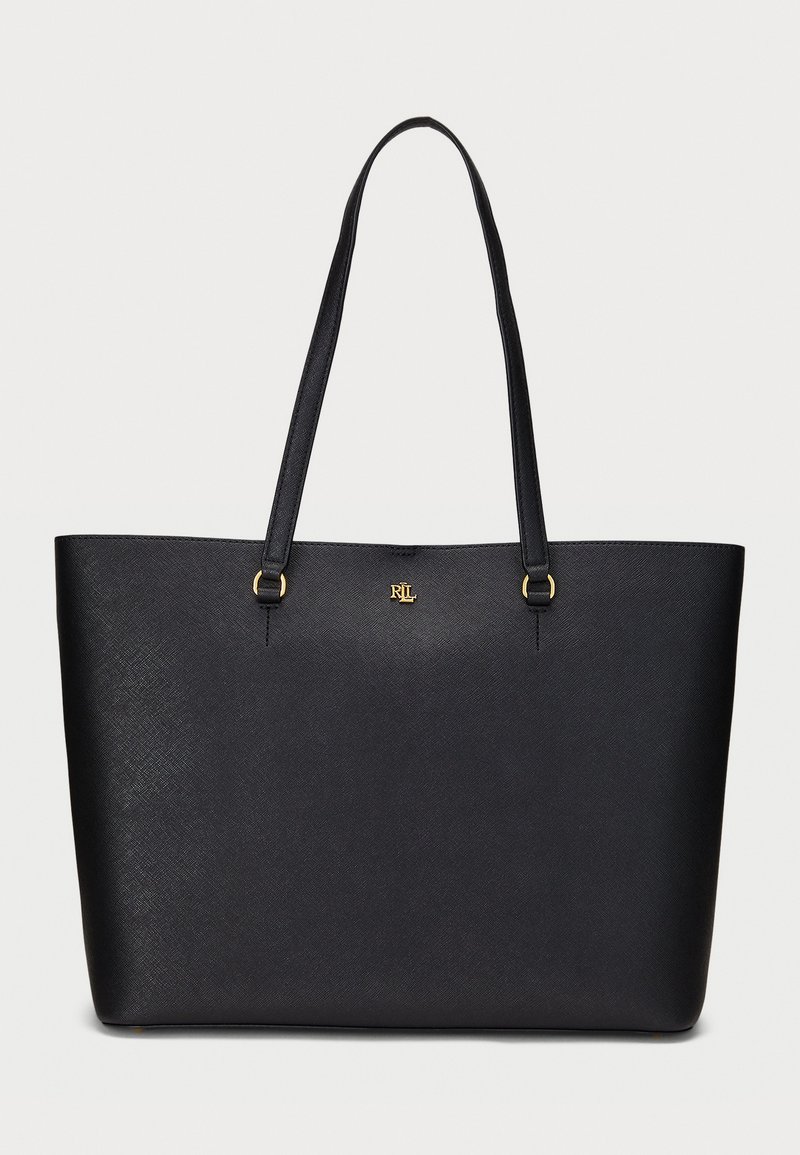 Borsa a tracolla nera realizzata in materiale sintetico testurizzato, con accessori in tono oro, doppie spalline e un logo impresso in modo discreto.