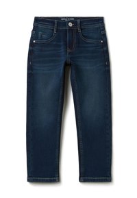 Los jeans de mezclilla azul oscuro presentan un diseño ajustado, estilo de cinco bolsillos, un ligero desgastado en la parte frontal y un cierre de botón metálico.