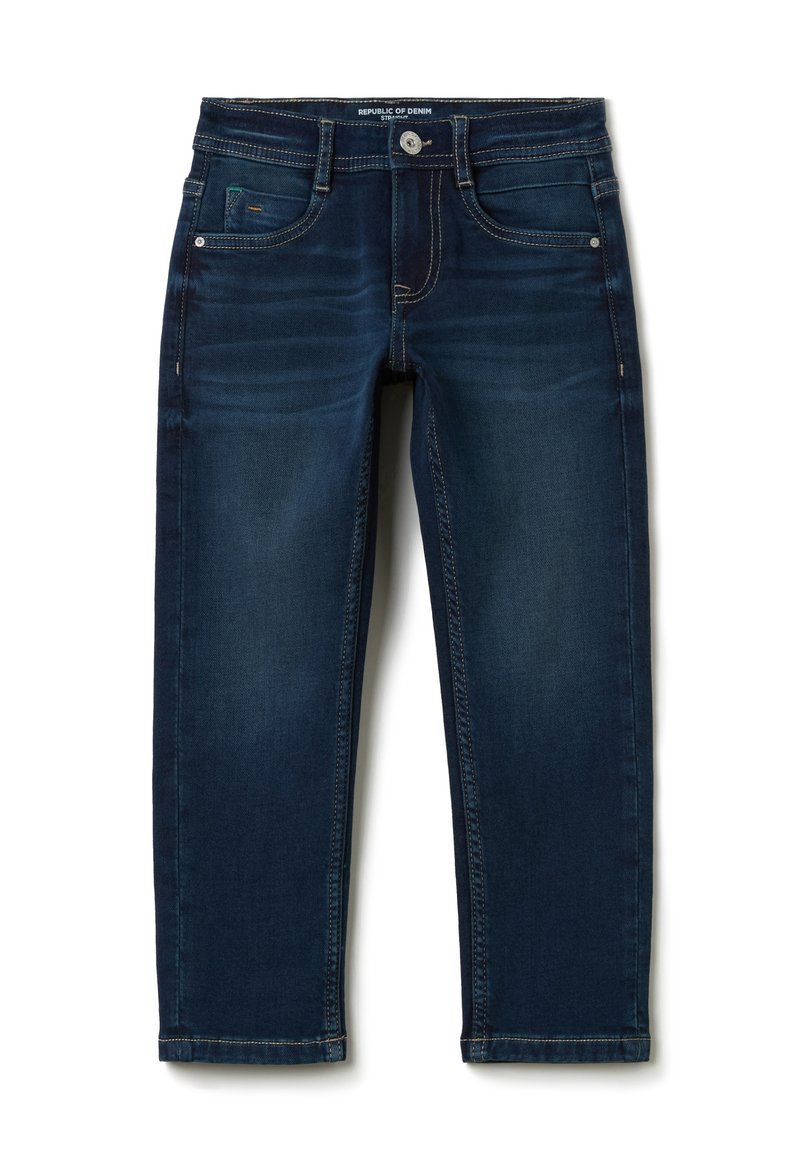 Los jeans de mezclilla azul oscuro presentan un diseño ajustado, estilo de cinco bolsillos, un ligero desgastado en la parte frontal y un cierre de botón metálico.