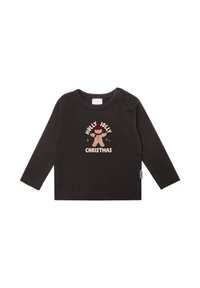 Dunkles Baby-Shirt mit langen Ärmeln und Druckknöpfen auf der Schulter, mit einer Lebkuchenfigur und dem Text "Holly Jolly Christmas".