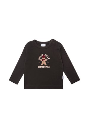 Dunkles Baby-Shirt mit langen Ärmeln und Druckknöpfen auf der Schulter, mit einer Lebkuchenfigur und dem Text "Holly Jolly Christmas".