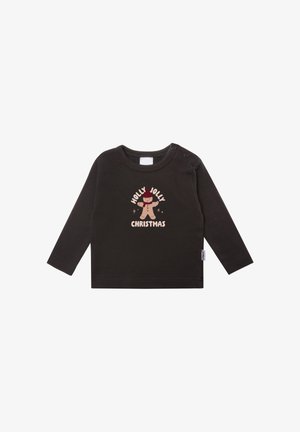 Dark long-sleeve baby shirt with snap buttons on shoulder, featuring a gingerbread figure and "Holly Jolly Christmas" text.