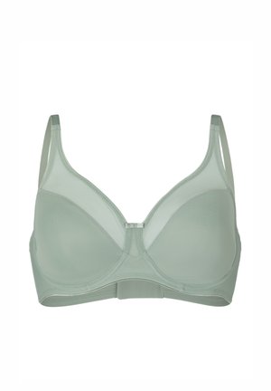 Soft green underwire bra with thin adjustable straps and smooth, molded cups on a white background.