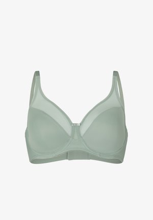 Zacht groene bh met beugel, dunne verstelbare bandjes en gladde, gevormde cups op een witte achtergrond.