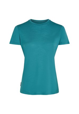 Türkises T-Shirt mit kurzen Ärmeln und rundem Ausschnitt, aus leichtem Material mit glatter Textur und subtiler glänzender Oberfläche.