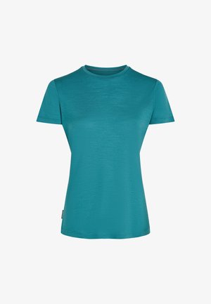 Teal short-sleeve t-shirt with a rounded neckline, made from lightweight material featuring a smooth texture and subtle sheen.