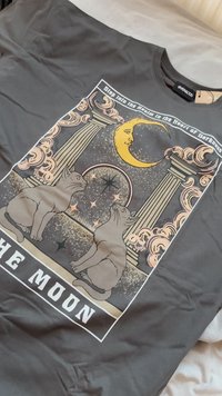 T-shirt cinza escuro com um design gráfico de dois gatos, uma lua crescente e um fundo estrelado, com bordas ornamentadas e texto a ler "A LUA".