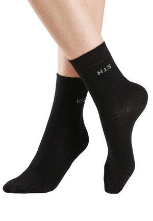 Black ankle socks with a smooth texture, featuring a subtle ribbed cuff and the letters "H.I.S" printed in white on the side.
