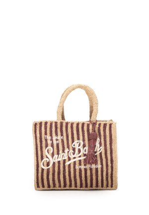 Borsa tote rettangolare intrecciata con righe verticali beige e marroni, ricamo "Saint Barth", manici corti e dettaglio nappine.