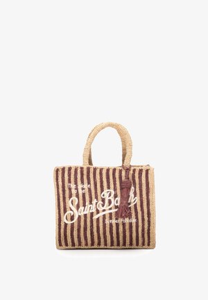 Borsa tote rettangolare intrecciata con righe verticali beige e marroni, ricamo "Saint Barth", manici corti e dettaglio nappine.