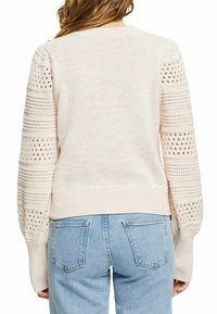 Pull rose clair avec manches ajourées texturées et ourlet côtelé. Associé à un jean denim bleu clair, affichant une coupe décontractée.