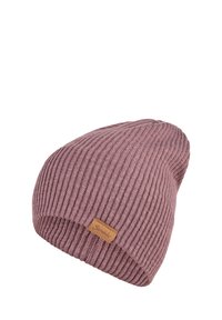 Ribbed knitted beanie in soft mauve, featuring a leather logo patch. Tapered design with a folded cuff for added warmth.