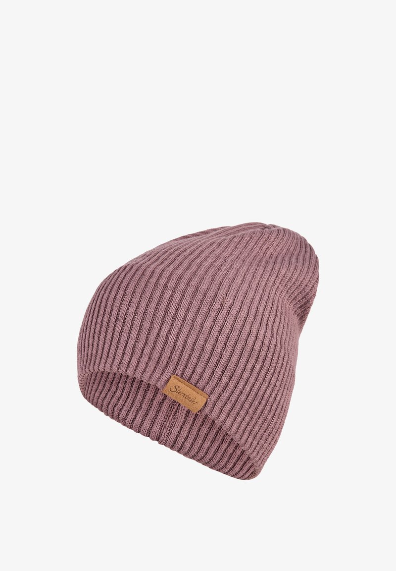 Ribbed knitted beanie in soft mauve, featuring a leather logo patch. Tapered design with a folded cuff for added warmth.